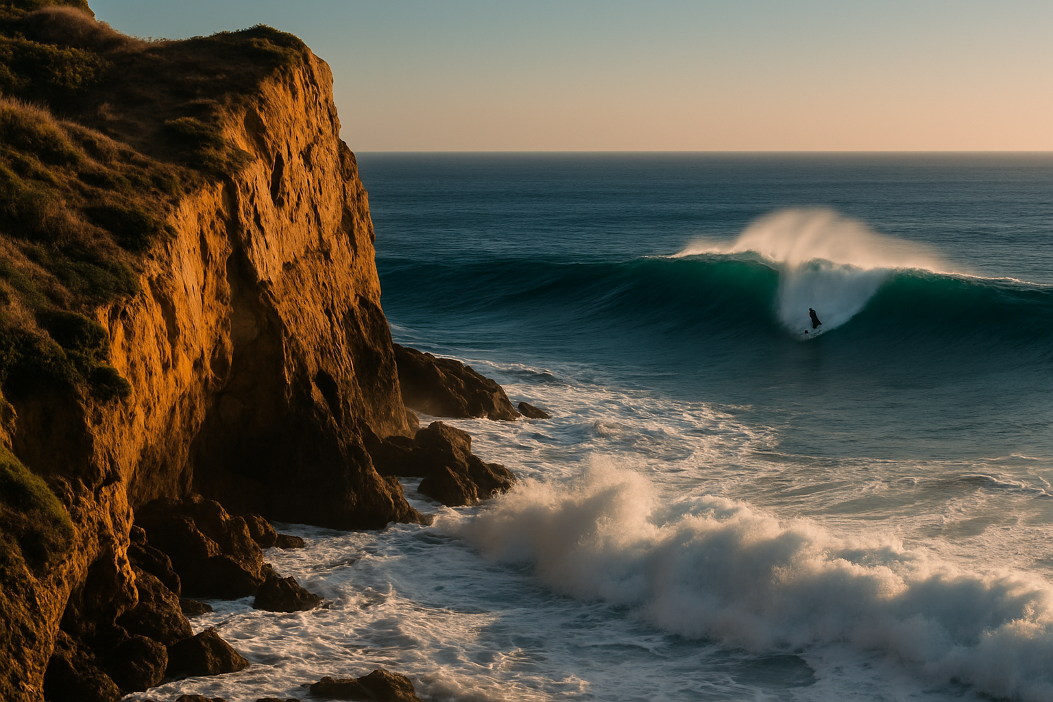 A bluff with large surf below and a lone surfer taking off