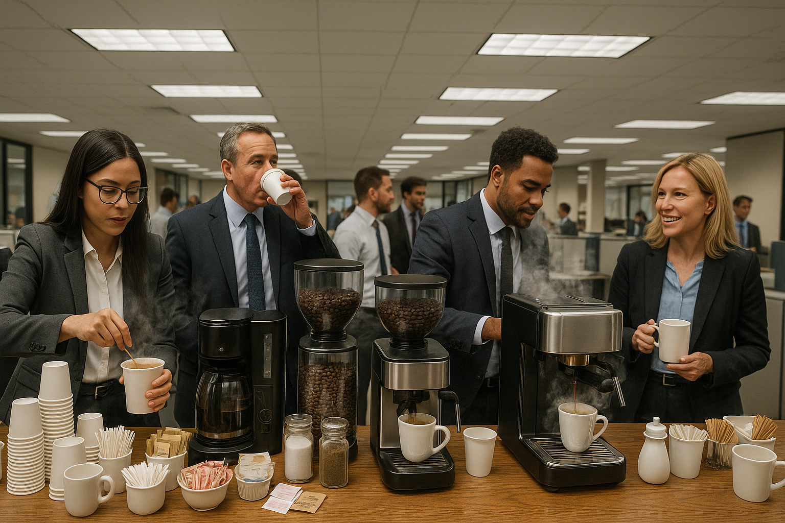 a busy office coffee setup