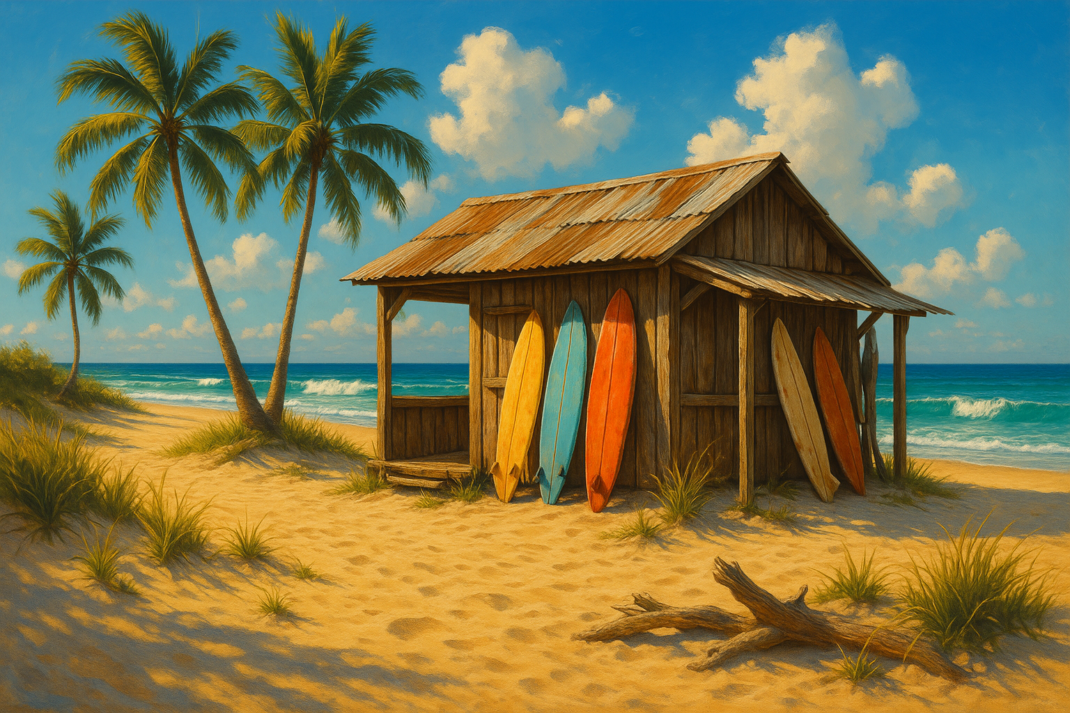 An image of a beach. Surf shack on the sand