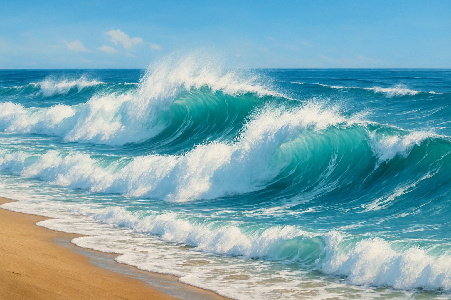 Image of a surf spot with many waves sweeping to the right